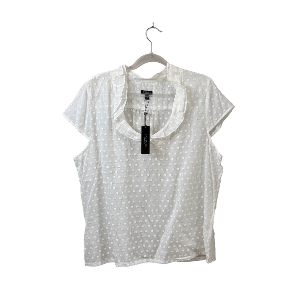 Talbots Womens XL White Swiss Dot Ruffle Neck Cotton Short Sleeve Blouse‎ NWT